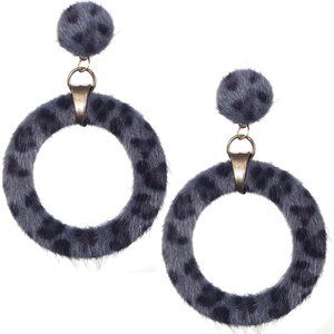 Gray Cheetah Faux Fur Hoop Earrings